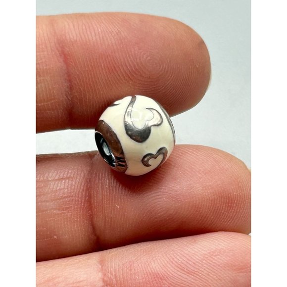 Pandora Sliding Charm Round Off White Enamel Bead with Hearts Design - Picture 5 of 6